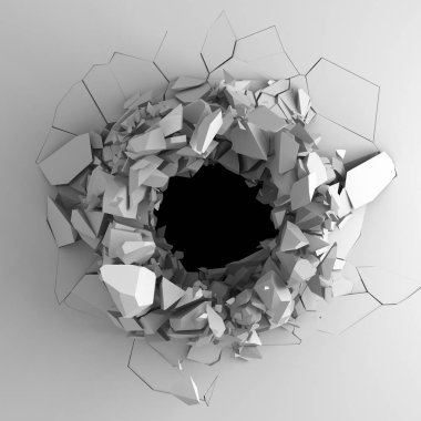 Karanlık imha beyaz taş duvarı kırık. 3D render illüstrasyon
