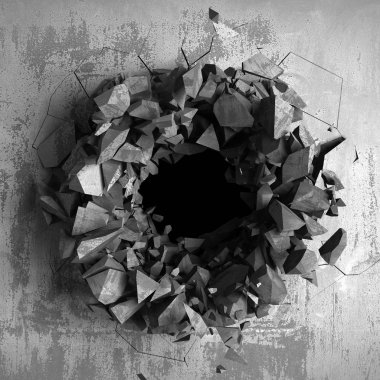 Karanlık kırık beton duvara delik kırık. Grunge arka plan. 3D render illüstrasyon