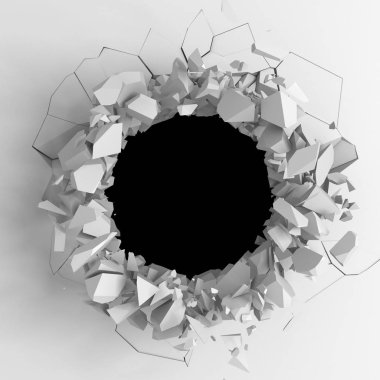 Karanlık imha beyaz taş duvarı kırık. 3D render illüstrasyon