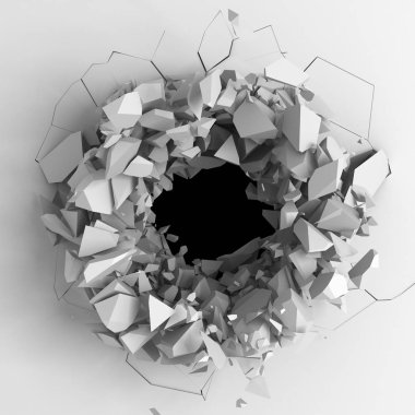 Karanlık imha beyaz taş duvarı kırık. 3D render illüstrasyon