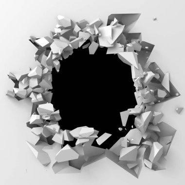 Karanlık imha beyaz taş duvarı kırık. 3D render illüstrasyon