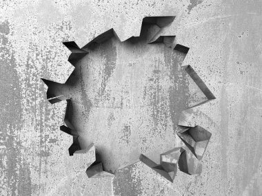 Karanlık kırık beton duvara delik kırık. Grunge arka plan. 3D render illüstrasyon