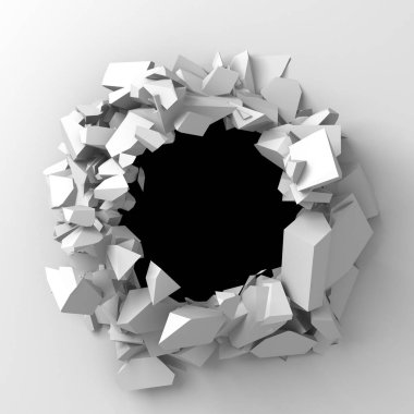 Karanlık imha beyaz taş duvarı kırık. 3D render illüstrasyon