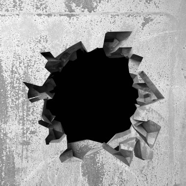 Karanlık kırık beton duvara delik kırık. Grunge arka plan. 3D render illüstrasyon