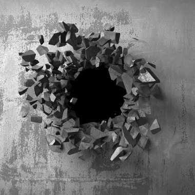 Karanlık kırık beton duvara delik kırık. Grunge arka plan. 3D render illüstrasyon