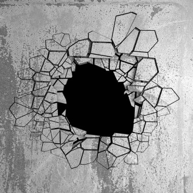 Karanlık kırık beton duvara delik kırık. Grunge arka plan. 3D render illüstrasyon