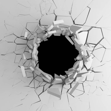 Karanlık imha beyaz taş duvarı kırık. 3D render illüstrasyon