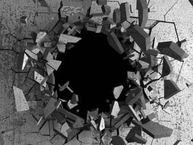 Karanlık kırık beton duvara delik kırık. Grunge arka plan. 3D render illüstrasyon