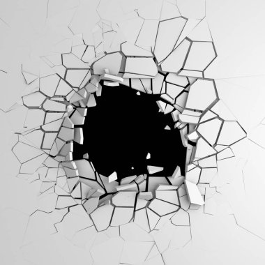 Karanlık imha beyaz taş duvarı kırık. 3D render illüstrasyon