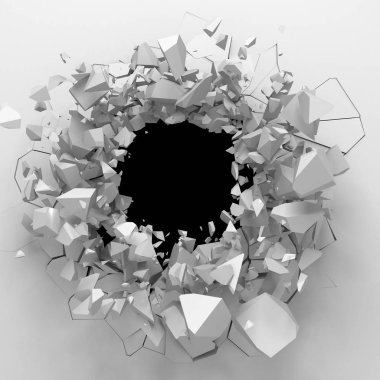 Karanlık imha beyaz taş duvarı kırık. 3D render illüstrasyon