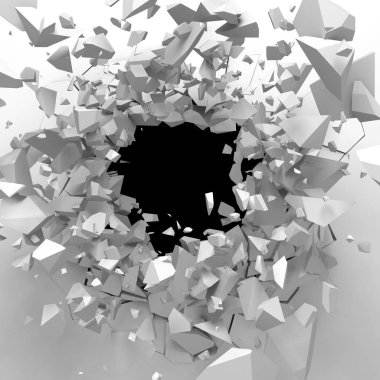 Karanlık imha beyaz taş duvarı kırık. 3D render illüstrasyon