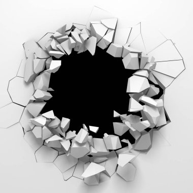 Karanlık imha beyaz taş duvarı kırık. 3D render illüstrasyon
