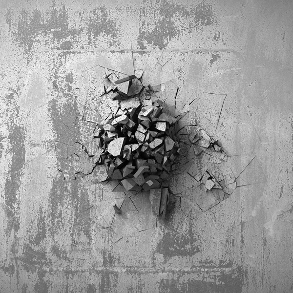 Dark cracked broken hole in concrete wall. Grunge background. 3d render illustration