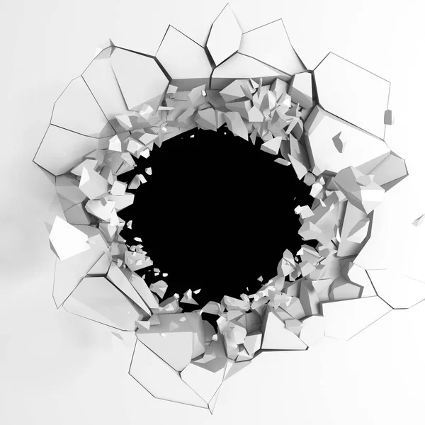 Karanlık imha beyaz taş duvarı kırık. 3D render illüstrasyon