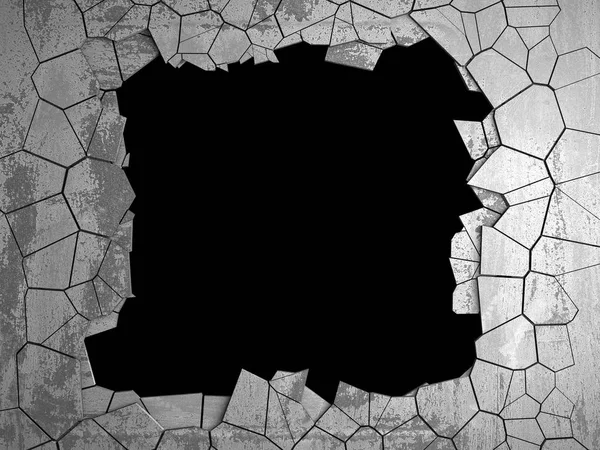 Karanlık kırık beton duvara delik kırık. Grunge arka plan. 3D render illüstrasyon