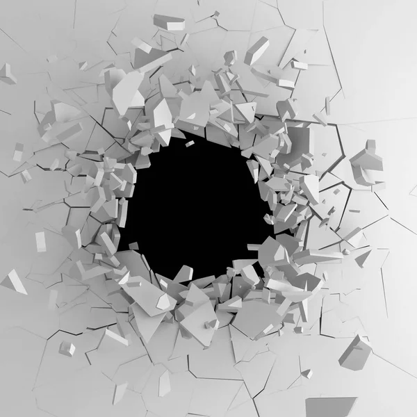 Dark destruction cracked hole in white stone wall. 3d render illustration