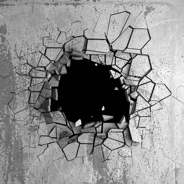 混凝土墙上有暗裂的破洞 垃圾的背景 渲染插图 — 图库照片