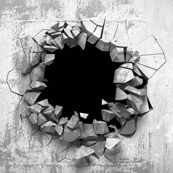 Dark cracked broken hole in concrete wall. Grunge background. 3d render illustration