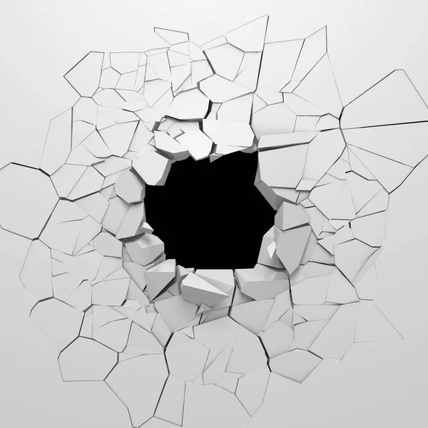 Dark Destruction Cracked Hole White Stone Wall Render Illustration — Stock Photo, Image