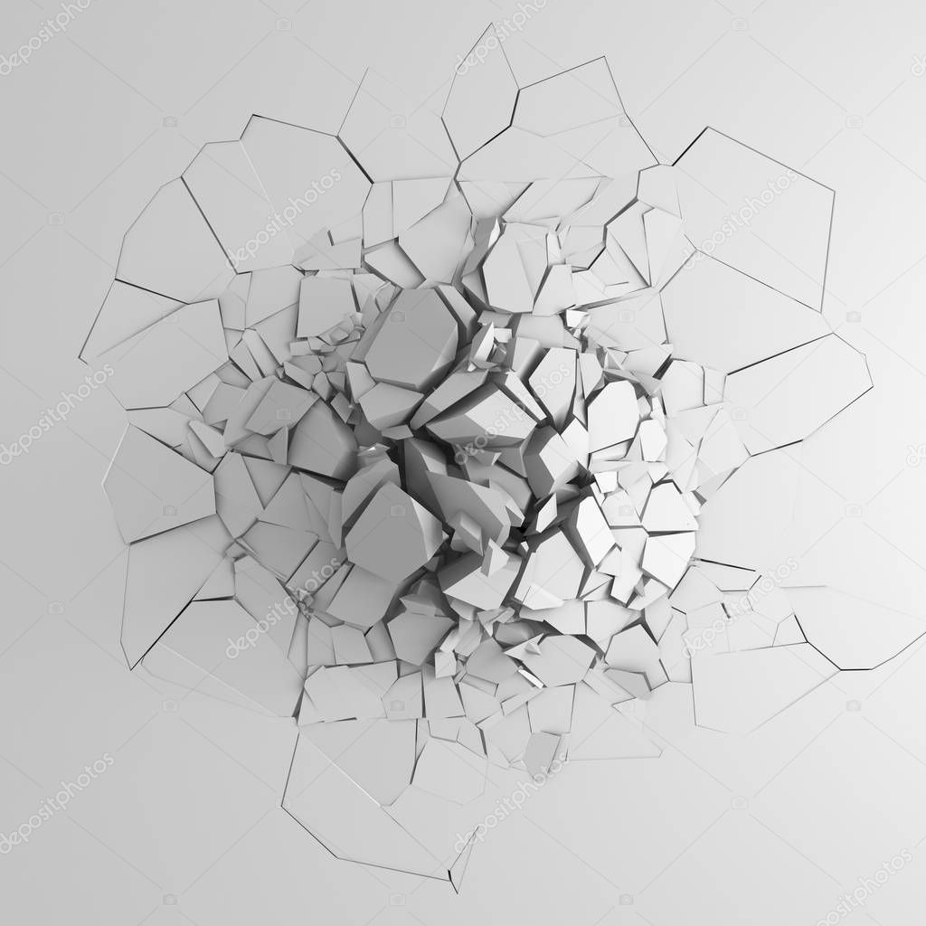 Dark destruction cracked hole in white stone wall. 3d render illustration