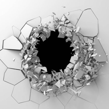 Karanlık imha beyaz taş duvarı kırık. 3D render illüstrasyon