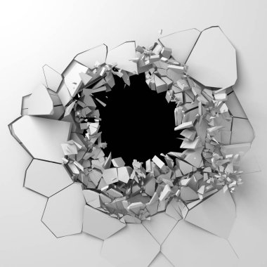 Karanlık imha beyaz taş duvarı kırık. 3D render illüstrasyon
