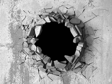 Karanlık kırık beton duvara delik kırık. Grunge arka plan. 3D render illüstrasyon