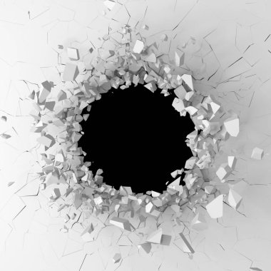 Karanlık imha beyaz taş duvarı kırık. 3D render illüstrasyon