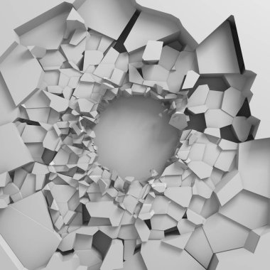 Karanlık imha beyaz taş duvarı kırık. 3D render illüstrasyon