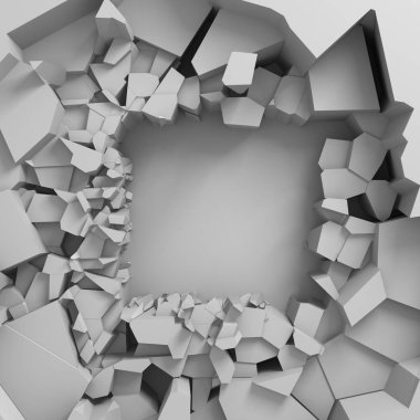 Karanlık imha beyaz taş duvarı kırık. 3D render illüstrasyon