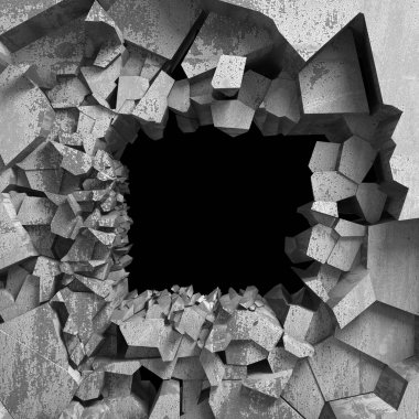 Karanlık kırık beton duvara delik kırık. Grunge arka plan. 3D render illüstrasyon
