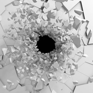 Karanlık imha beyaz taş duvarı kırık. 3D render illüstrasyon