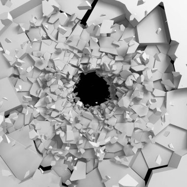 Karanlık imha beyaz taş duvarı kırık. 3D render illüstrasyon