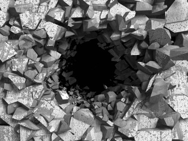 Karanlık kırık beton duvara delik kırık. Grunge arka plan. 3D render illüstrasyon