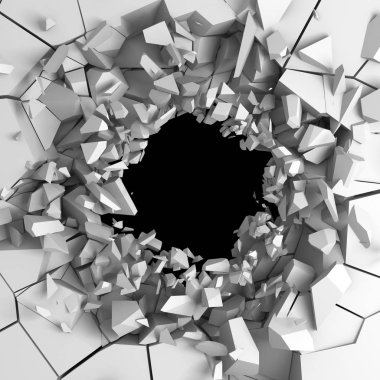 Karanlık imha beyaz taş duvarı kırık. 3D render illüstrasyon