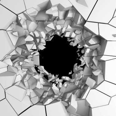 Karanlık imha beyaz taş duvarı kırık. 3D render illüstrasyon