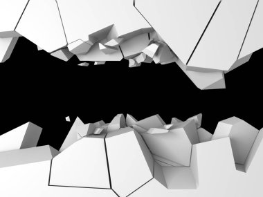 Karanlık imha beyaz taş duvarı kırık. 3D render illüstrasyon