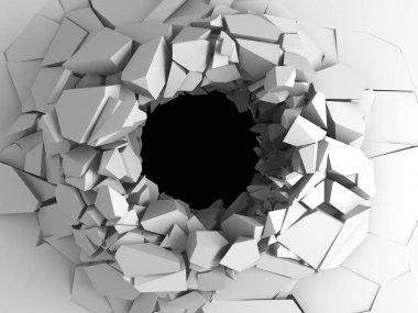 Karanlık imha beyaz taş duvarı kırık. 3D render illüstrasyon