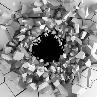 Karanlık imha beyaz taş duvarı kırık. 3D render illüstrasyon