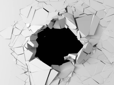 Karanlık imha beyaz taş duvarı kırık. 3D render illüstrasyon