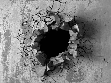 Karanlık kırık beton duvara delik kırık. Grunge arka plan. 3D render illüstrasyon