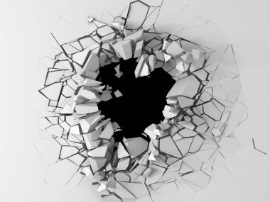 Karanlık imha beyaz taş duvarı kırık. 3D render illüstrasyon