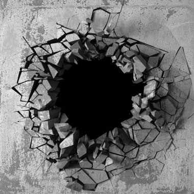 Karanlık kırık beton duvara delik kırık. Grunge arka plan. 3D render illüstrasyon