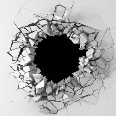 Karanlık imha beyaz taş duvarı kırık. 3D render illüstrasyon