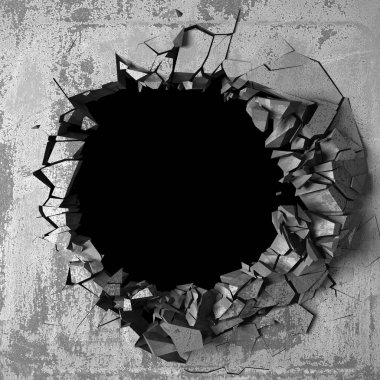 Karanlık kırık beton duvara delik kırık. Grunge arka plan. 3D render illüstrasyon