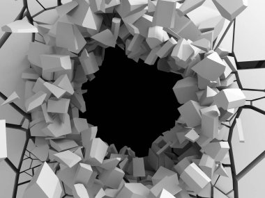 Karanlık imha beyaz taş duvarı kırık. 3D render illüstrasyon