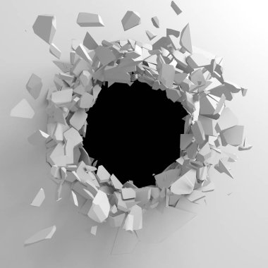 Karanlık imha beyaz taş duvarı kırık. 3D render illüstrasyon