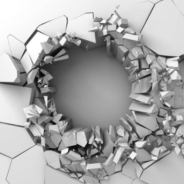 Karanlık imha beyaz taş duvarı kırık. 3D render illüstrasyon