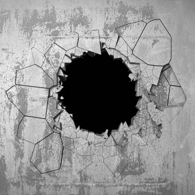 Karanlık kırık beton duvara delik kırık. Grunge arka plan. 3D render illüstrasyon