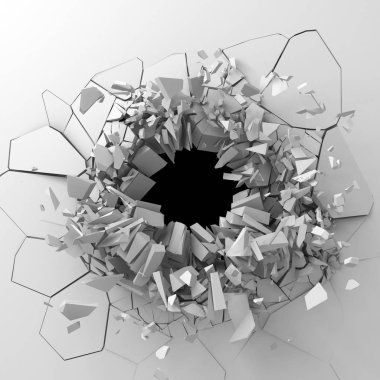 Karanlık imha beyaz taş duvarı kırık. 3D render illüstrasyon
